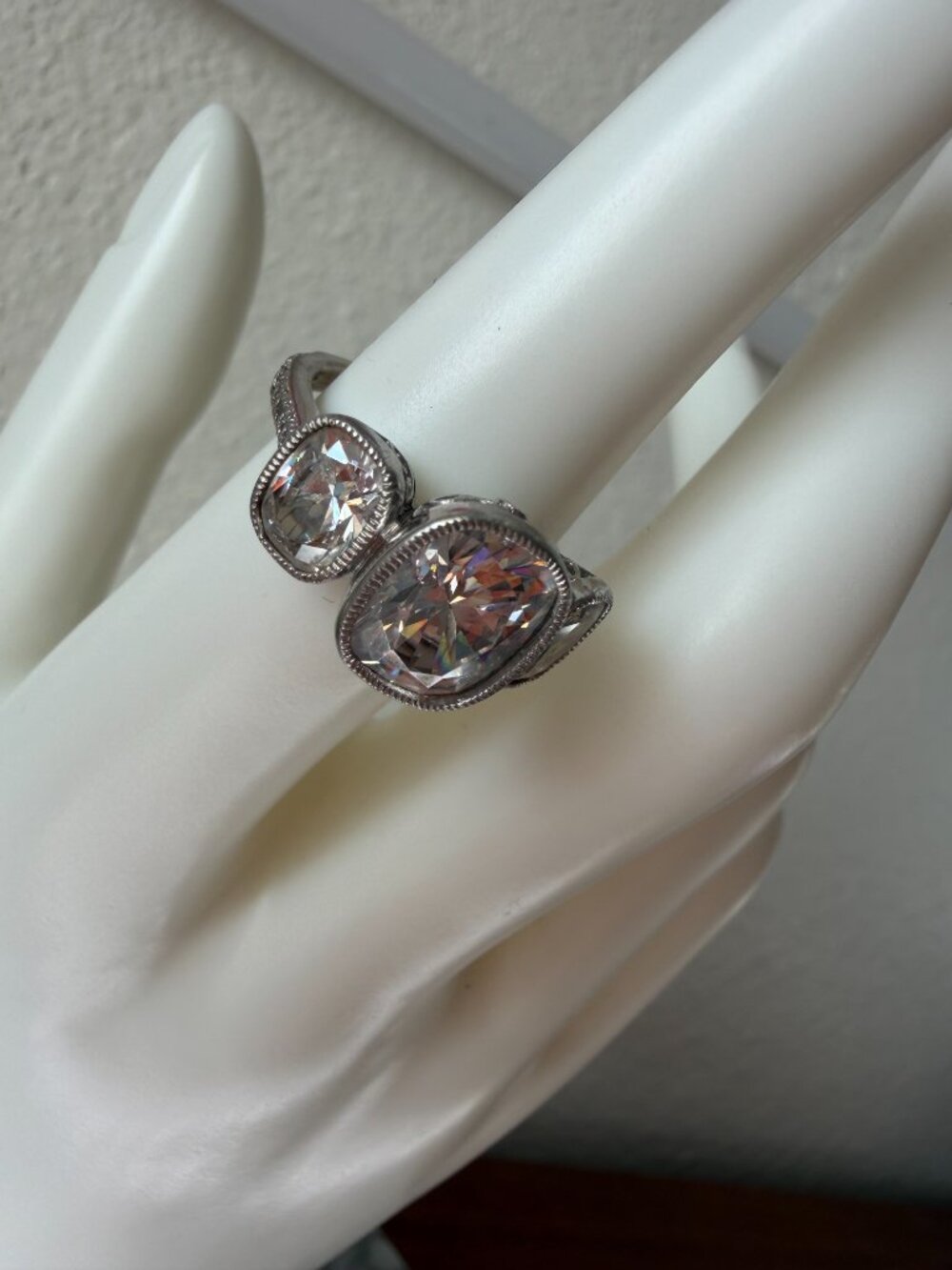 Vintage Jean Dousset Heirloom 925 CZ 3-Stone Mill-grain Cushion Cut Ring - Picture 10 of 17